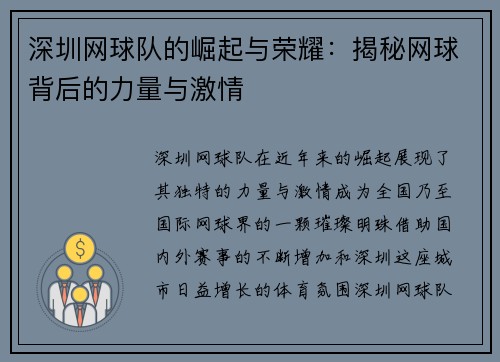 深圳网球队的崛起与荣耀：揭秘网球背后的力量与激情