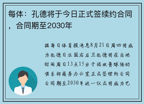 每体：孔德将于今日正式签续约合同，合同期至2030年